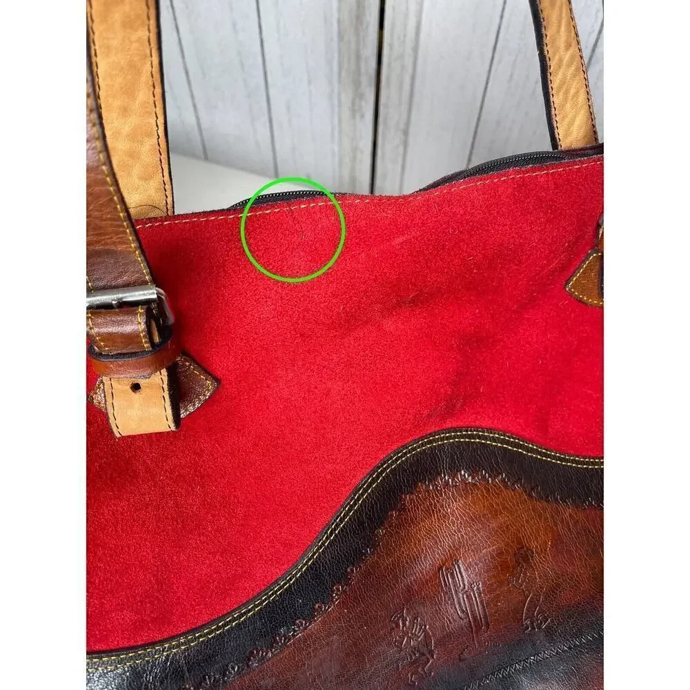 Vintage Red Suede and Brown Leather Trim Tote Bag Southwest Western